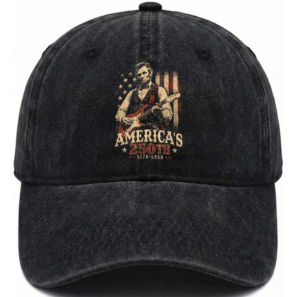 USA 250th 1776 to 2026 Rock Star Abraham Lincoln Washed Cotton Baseball Cap Vintage Electric Guitar Player Patriotic Us Flag Semiquincentennial TS02 Print Your Wear
