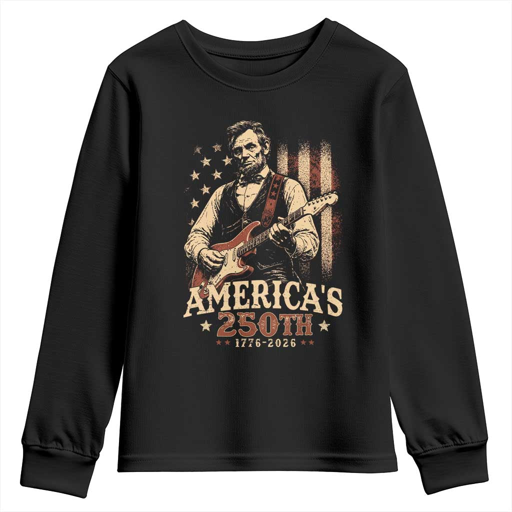 USA 250th 1776 to 2026 Rock Star Abraham Lincoln Youth Sweatshirt Vintage Electric Guitar Player Patriotic Us Flag Semiquincentennial
