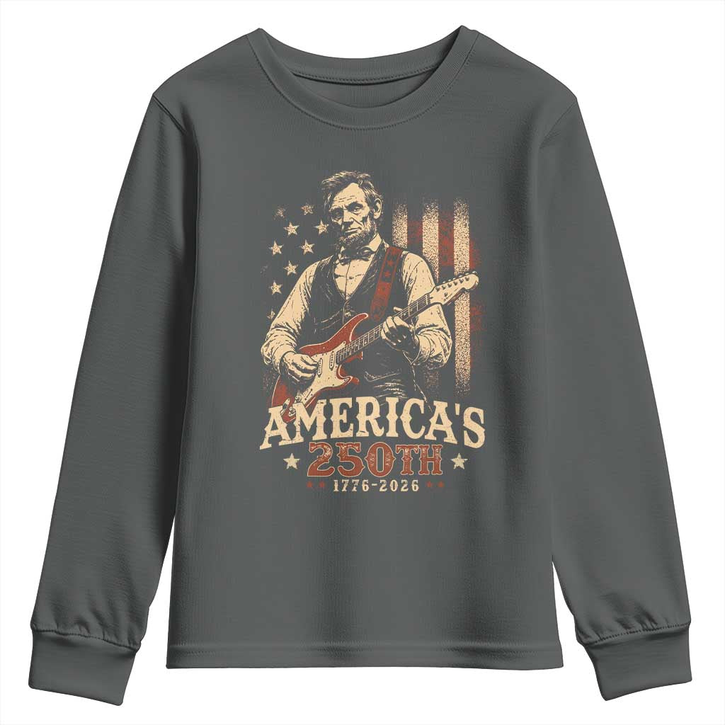 USA 250th 1776 to 2026 Rock Star Abraham Lincoln Youth Sweatshirt Vintage Electric Guitar Player Patriotic Us Flag Semiquincentennial