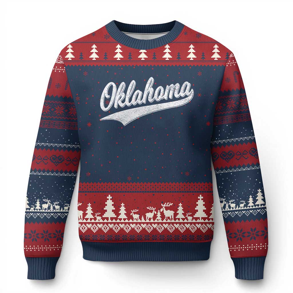 Vintage Oklahoma Throwback Distressed Ugly Christmas Sweater Retro Classic OK State Pride TS02 Navy Red Print Your Wear