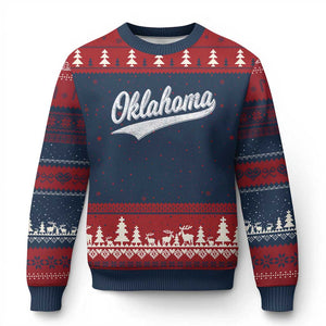 Vintage Oklahoma Throwback Distressed Ugly Christmas Sweater Retro Classic OK State Pride TS02 Navy Red Print Your Wear