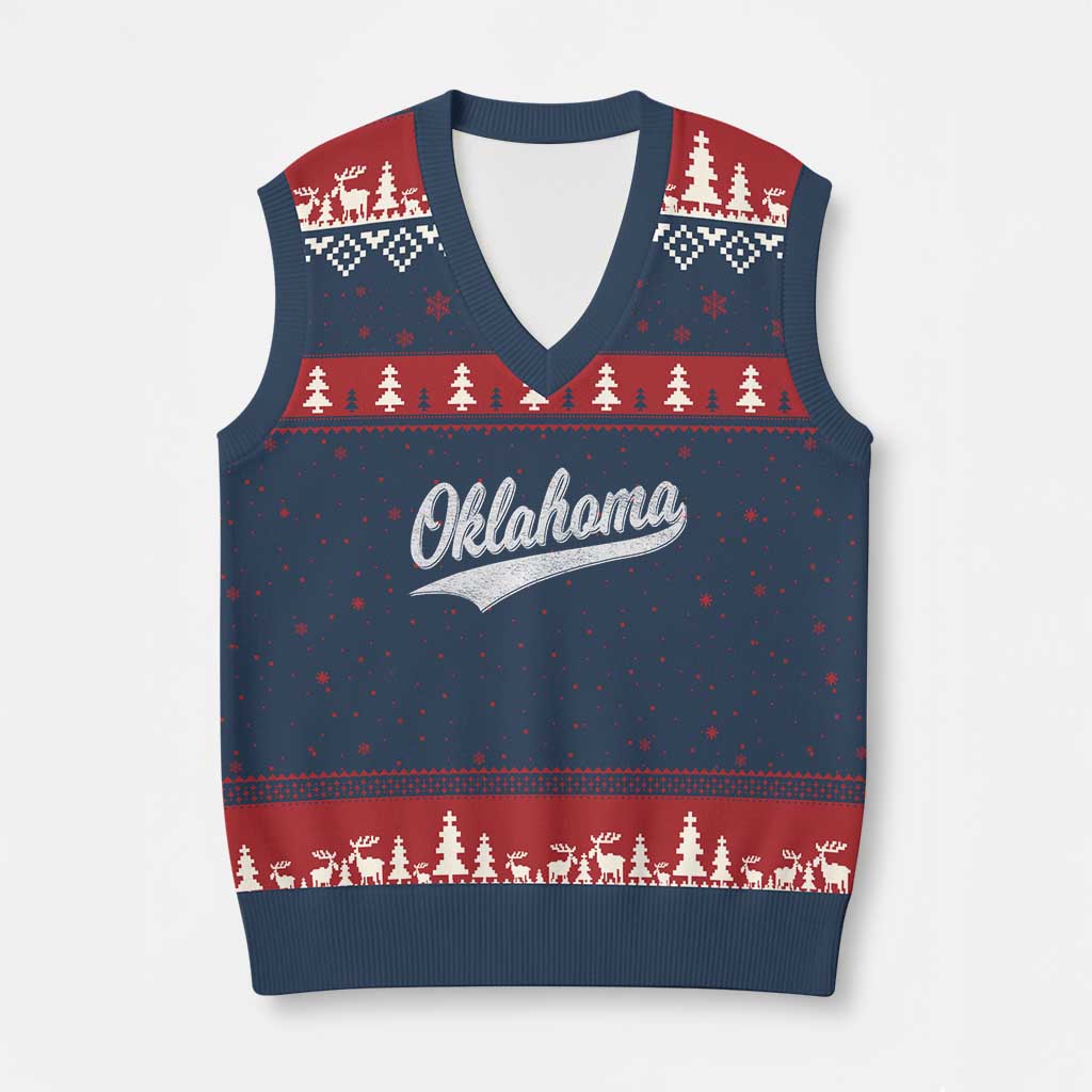 Vintage Oklahoma Throwback Distressed V-Neck Knit Sweater Vest Retro Classic OK State Pride TS02 Navy Red Print Your Wear
