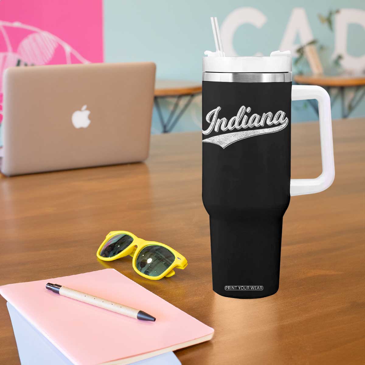 Vintage Indiana Retro Throwback Distressed Tumbler With Handle Retro Classic IN State Pride TS02 Print Your Wear