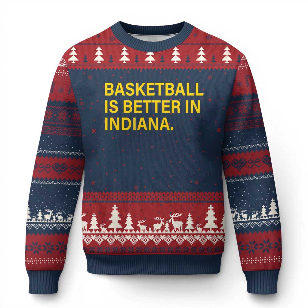 Basketball Is Better in Indiana Ugly Christmas Sweater Bold Yellow Statement Hoosier Hoops Fans TS02 Navy Red Print Your Wear