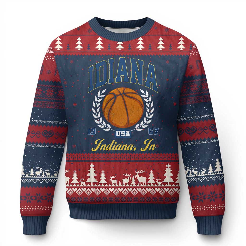 Vintage Indiana Basketball Graphic Ugly Christmas Sweater Retro 1967 Sports Indianapolis IN Fan TS02 Navy Red Print Your Wear