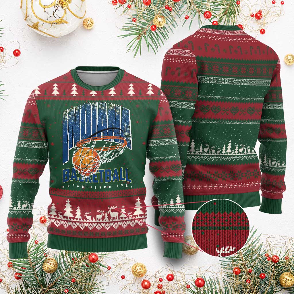 Indiana Basketball Throwback Ugly Christmas Sweater Retro Hoop Graphic for IN Fans Since 1967 TS02 Red Green Print Your Wear