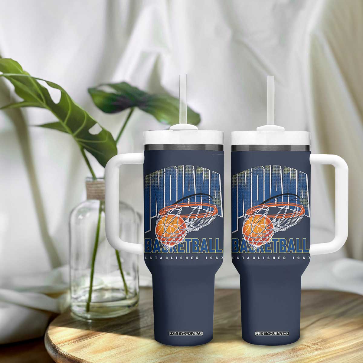 Indiana Basketball Throwback Tumbler With Handle Retro Hoop Graphic for IN Fans Since 1967 TS02 Print Your Wear