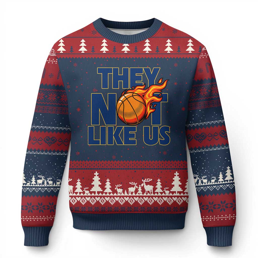 They Not Like Us Basketball Ugly Christmas Sweater Fierce Flame Ball Graphic for Hooops Fans TS02 Navy Red Print Your Wear