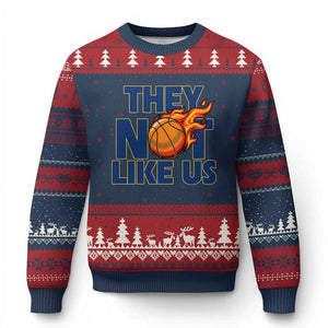 They Not Like Us Basketball Ugly Christmas Sweater Fierce Flame Ball Graphic for Hooops Fans TS02 Navy Red Print Your Wear