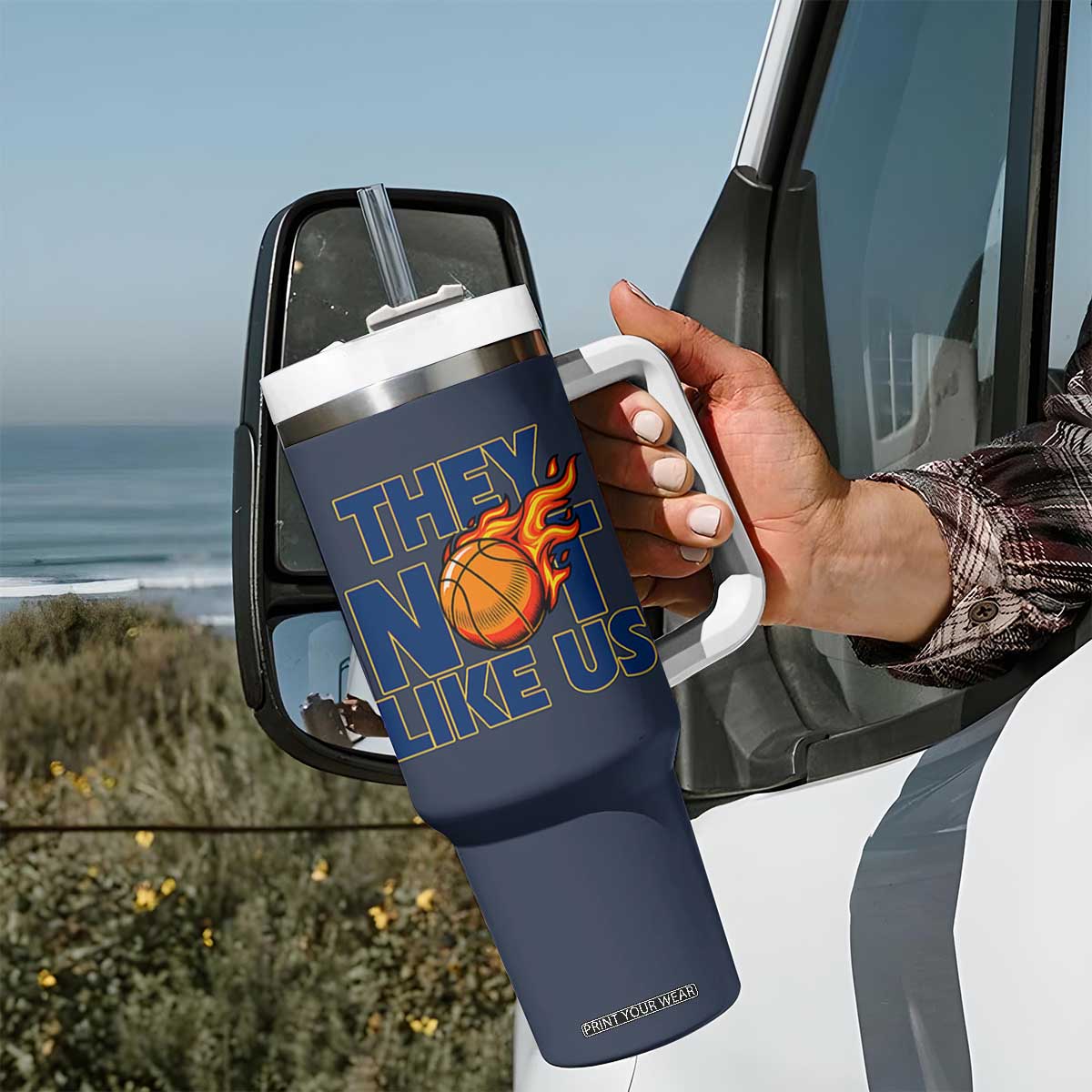They Not Like Us Basketball Tumbler With Handle Fierce Flame Ball Graphic for Hooops Fans TS02 Print Your Wear