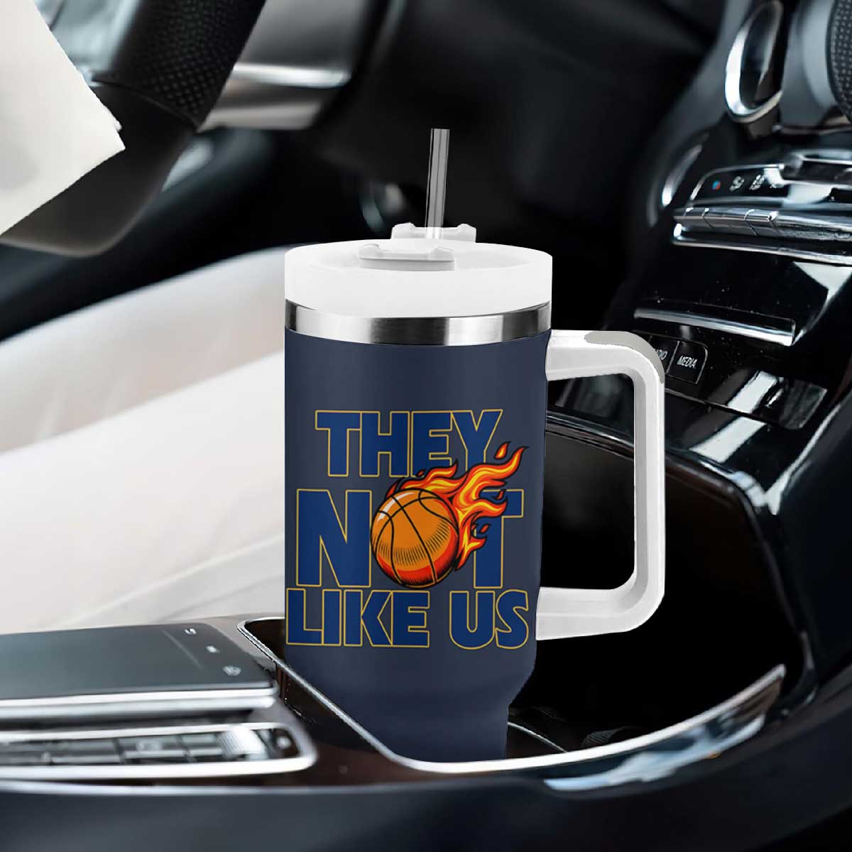 They Not Like Us Basketball Tumbler With Handle Fierce Flame Ball Graphic for Hooops Fans TS02 Print Your Wear