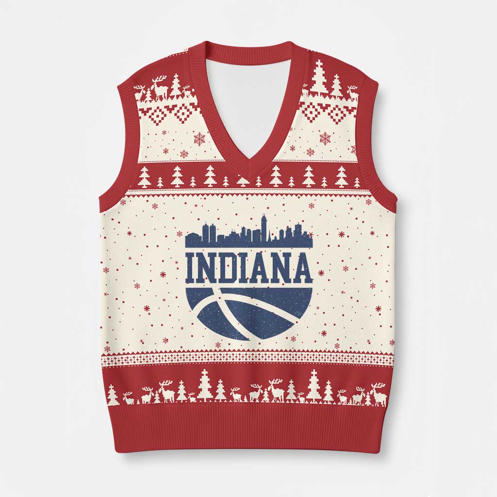 Indiana Skyline Basketball V-Neck Knit Sweater Vest Distressed Urban Hoops Graphic for Indy Fans TS02 Beige Red Print Your Wear