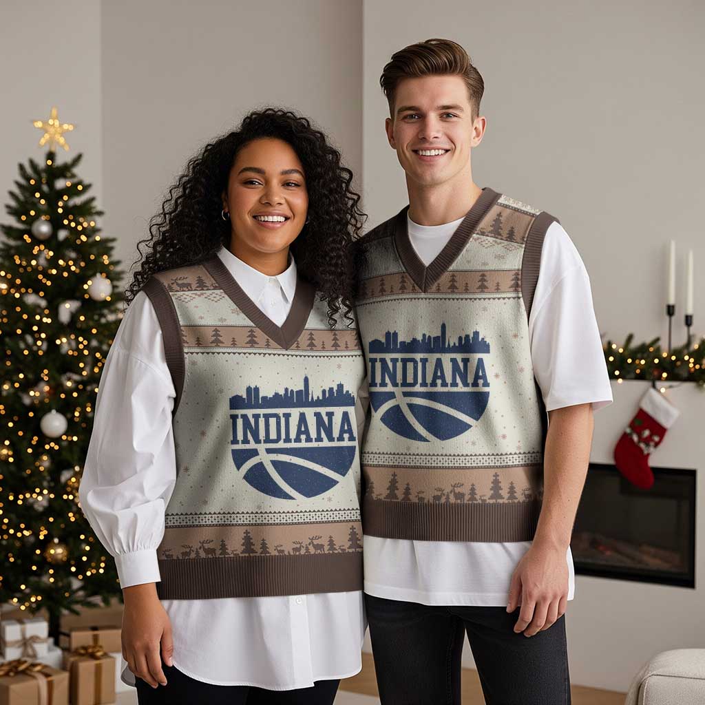 Indiana Skyline Basketball V-Neck Knit Sweater Vest Distressed Urban Hoops Graphic for Indy Fans TS02 Mocha Mousse Print Your Wear