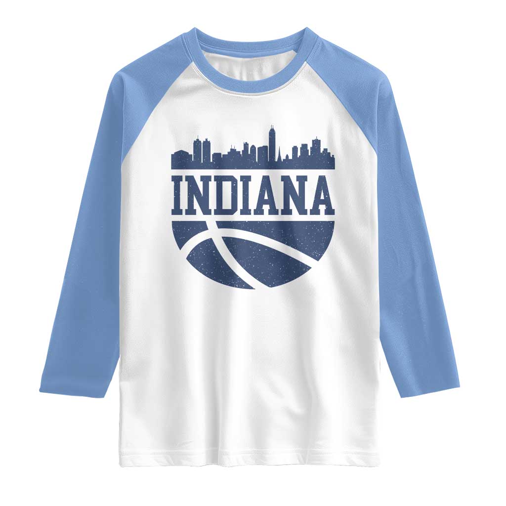 Indiana Skyline Basketball Raglan Shirt Distressed Urban Hoops Graphic for Indy Fans TS02 White Carolina Blue Print Your Wear