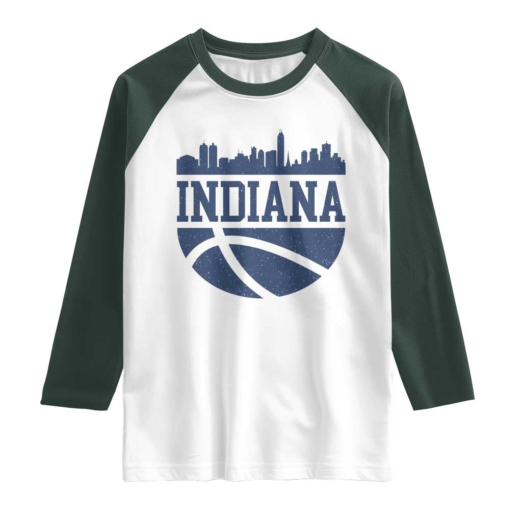 Indiana Skyline Basketball Raglan Shirt Distressed Urban Hoops Graphic for Indy Fans TS02 White Dark Forest Green Print Your Wear