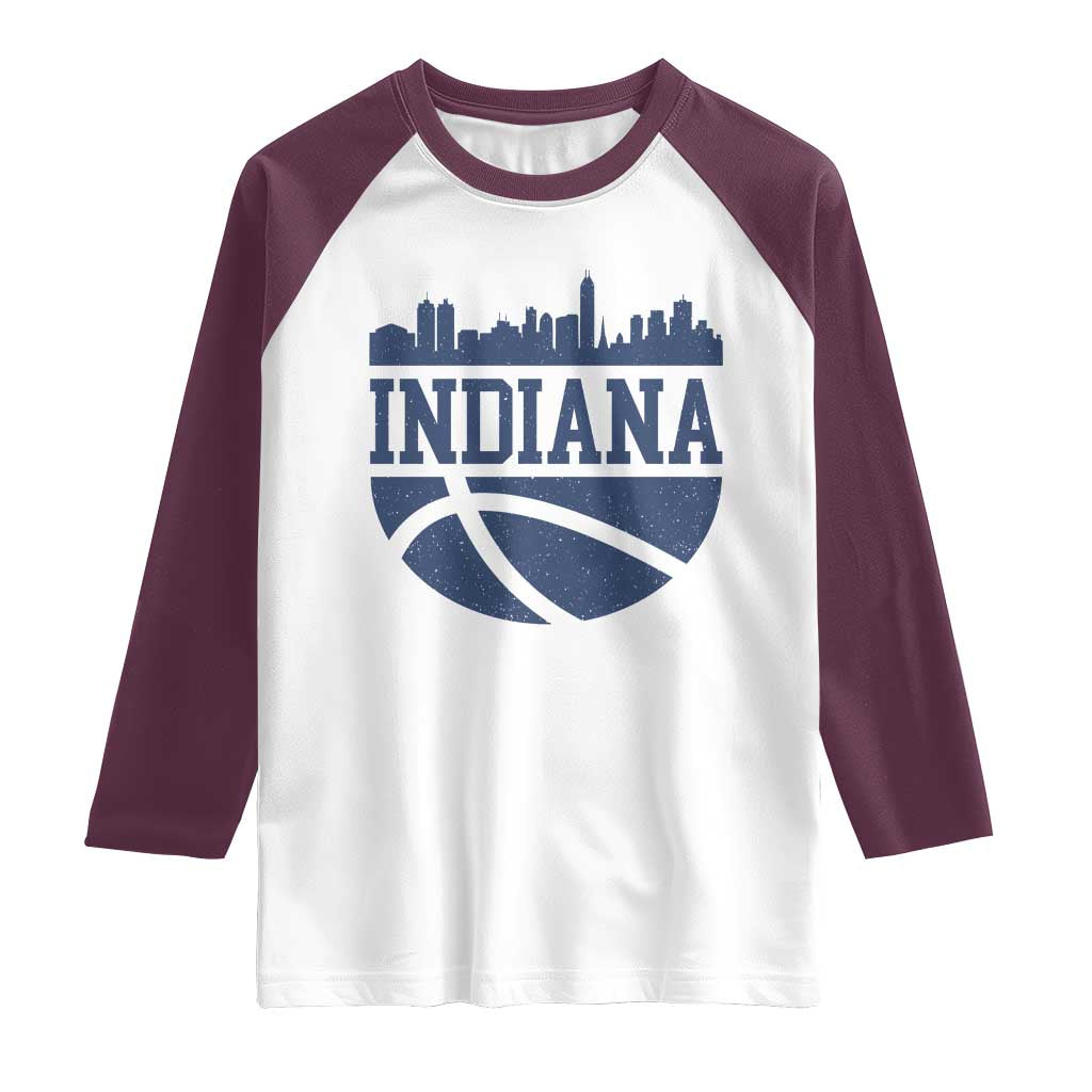 Indiana Skyline Basketball Raglan Shirt Distressed Urban Hoops Graphic for Indy Fans TS02 White Maroon Print Your Wear