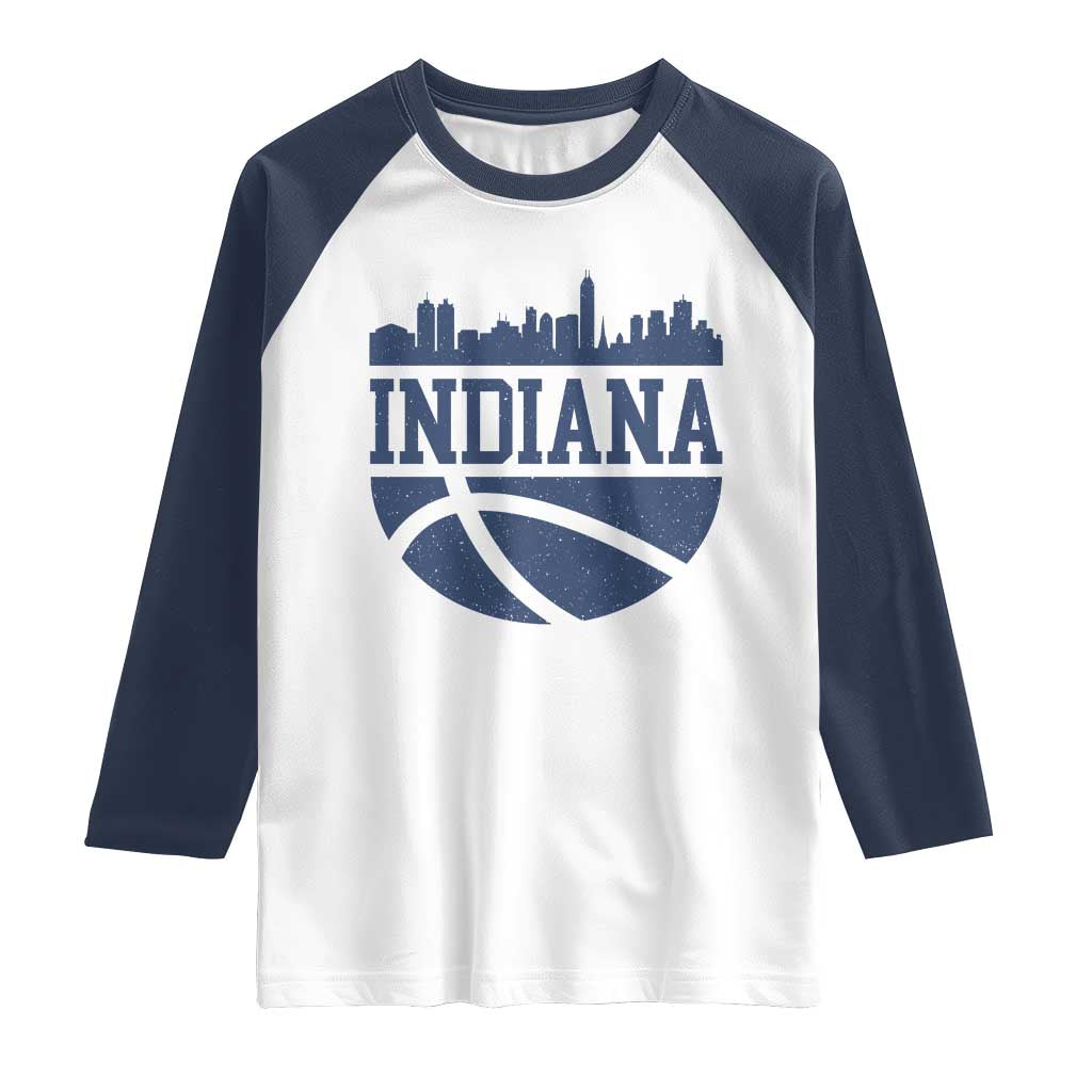 Indiana Skyline Basketball Raglan Shirt Distressed Urban Hoops Graphic for Indy Fans TS02 White Navy Print Your Wear