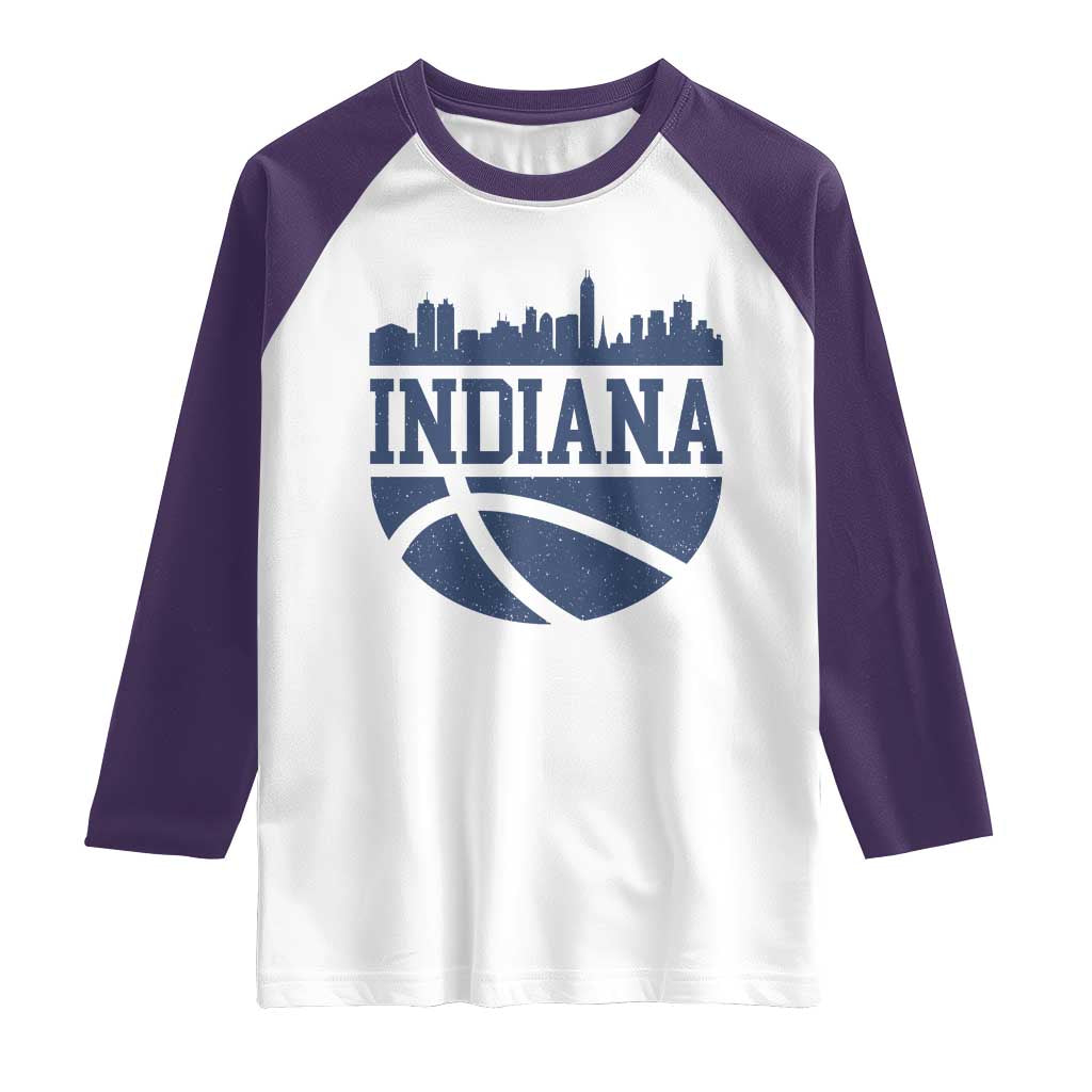 Indiana Skyline Basketball Raglan Shirt Distressed Urban Hoops Graphic for Indy Fans TS02 White Purple Print Your Wear