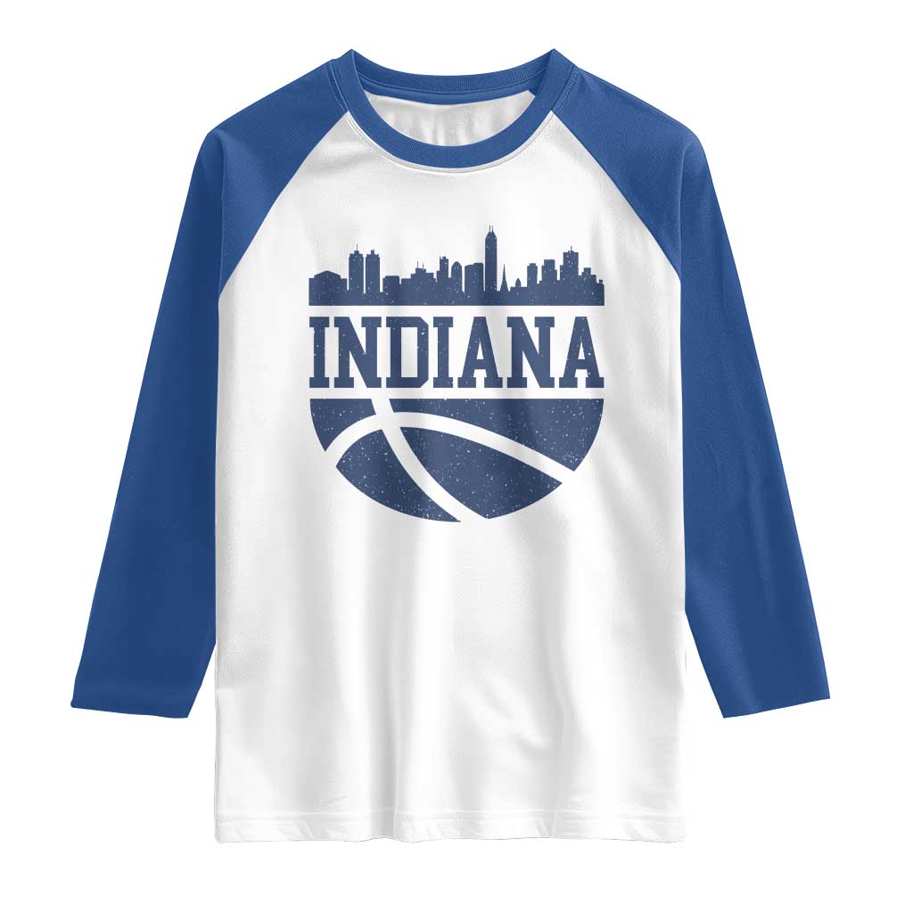 Indiana Skyline Basketball Raglan Shirt Distressed Urban Hoops Graphic for Indy Fans TS02 White Royal Print Your Wear
