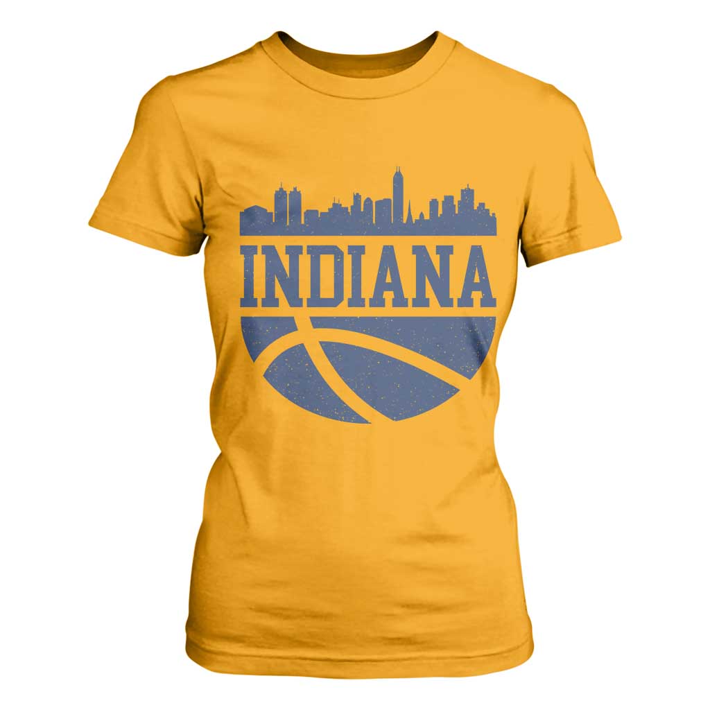 Indiana Skyline Basketball T Shirt For Women Distressed Urban Hoops Graphic for Indy Fans TS02 Gold Print Your Wear