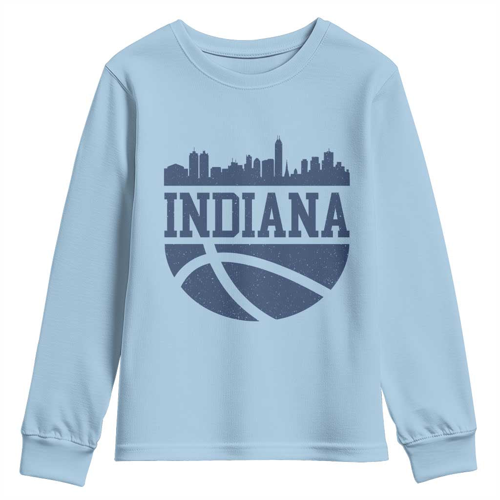 Indiana Skyline Basketball Youth Sweatshirt Distressed Urban Hoops Graphic for Indy Fans TS02 Light Blue Print Your Wear