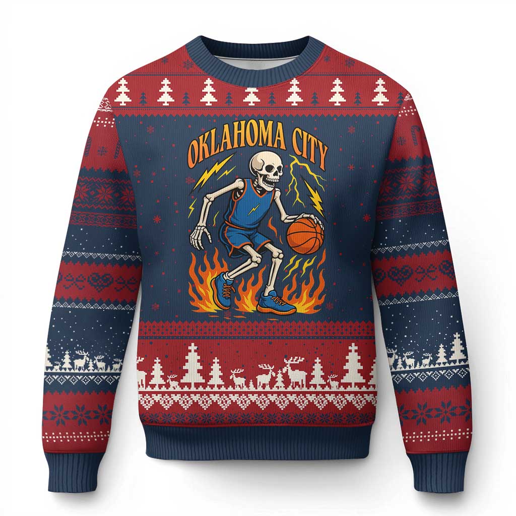 Oklahoma City Basketball Skeleton Ugly Christmas Sweater OKC Hoops Fan Life Sport Lover TS02 Navy Red Print Your Wear