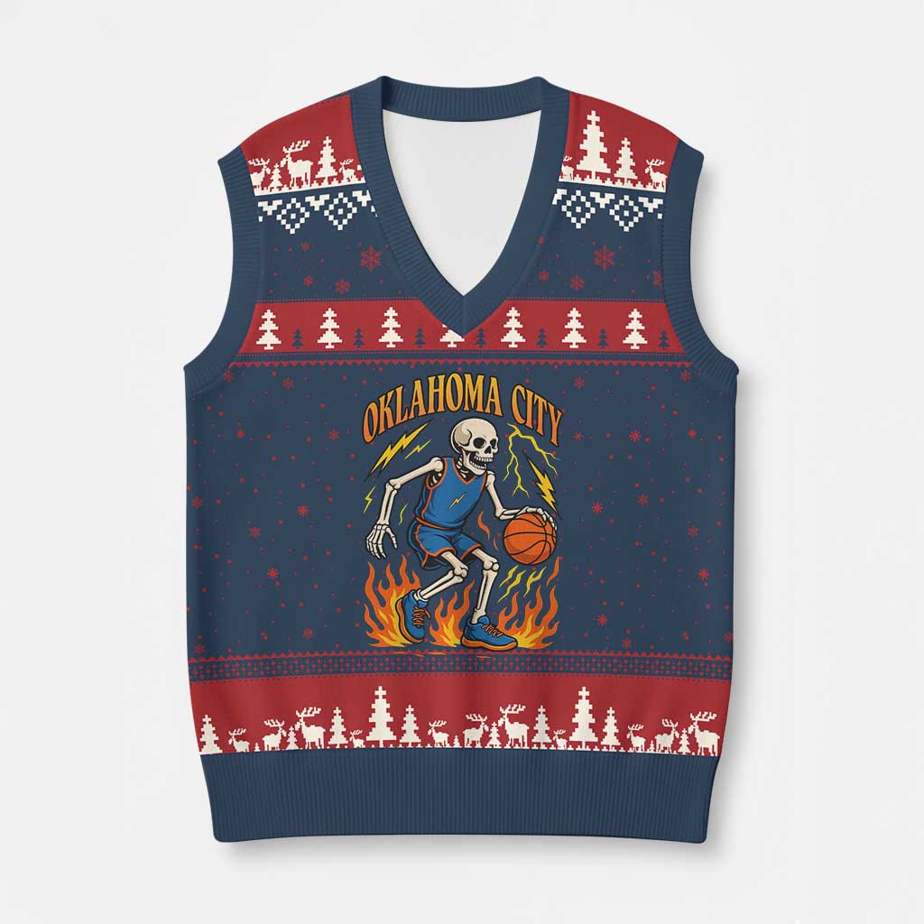 Oklahoma City Basketball Skeleton V-Neck Knit Sweater Vest OKC Hoops Fan Life Sport Lover TS02 Navy Red Print Your Wear