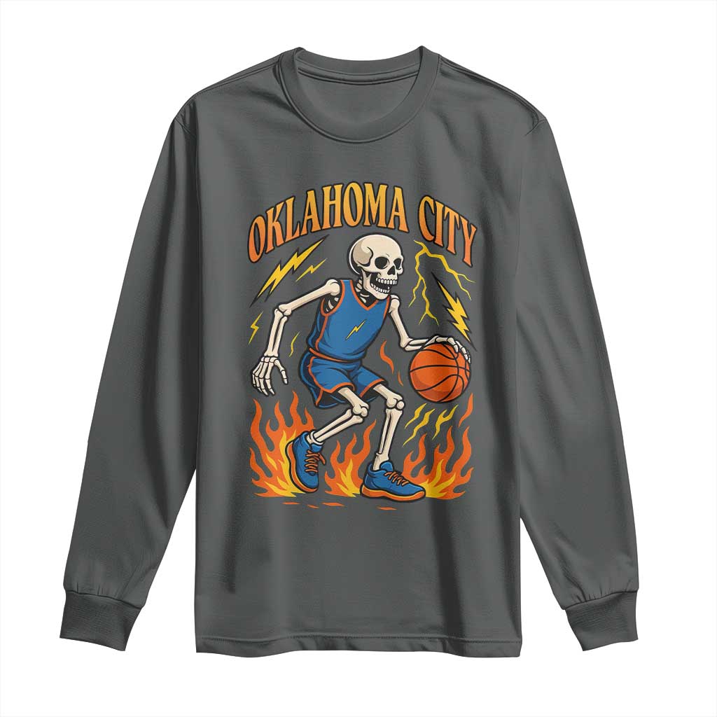Oklahoma City Basketball Skeleton Long Sleeve Shirt OKC Hoops Fan Life Sport Lover TS02 Dark Heather Print Your Wear