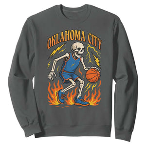 Oklahoma City Basketball Skeleton Sweatshirt OKC Hoops Fan Life Sport Lover TS02 Dark Heather Print Your Wear