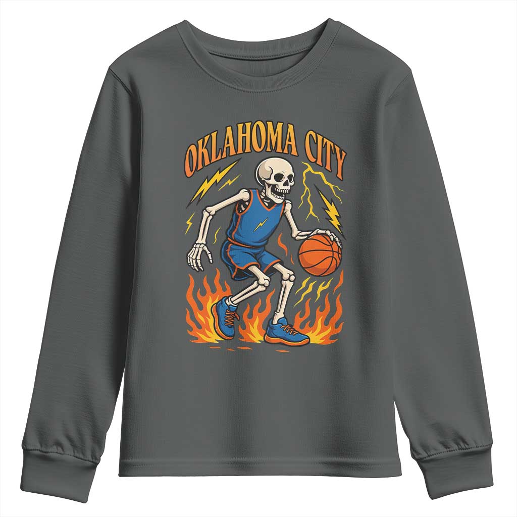 Oklahoma City Basketball Skeleton Youth Sweatshirt OKC Hoops Fan Life Sport Lover TS02 Dark Heather Print Your Wear
