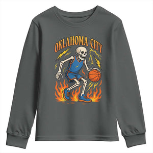 Oklahoma City Basketball Skeleton Youth Sweatshirt OKC Hoops Fan Life Sport Lover TS02 Dark Heather Print Your Wear