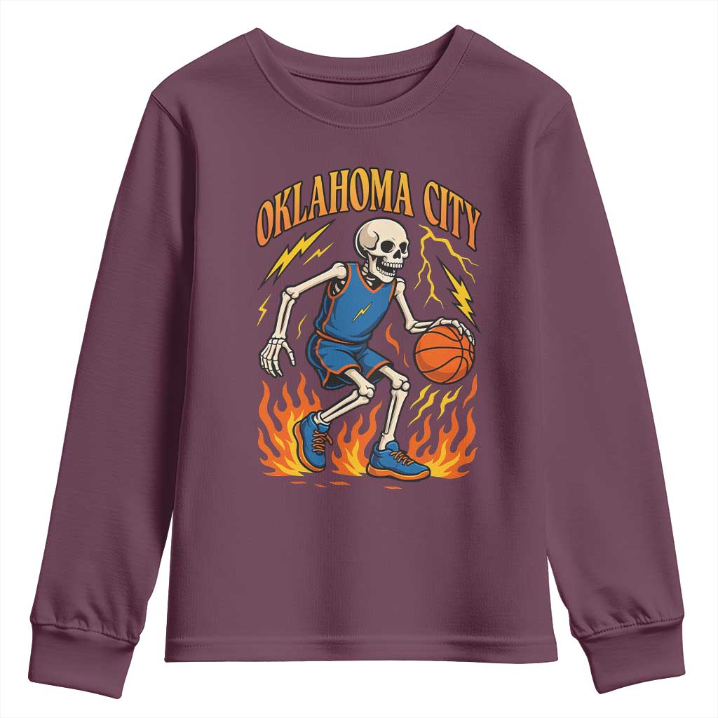 Oklahoma City Basketball Skeleton Youth Sweatshirt OKC Hoops Fan Life Sport Lover TS02 Maroon Print Your Wear