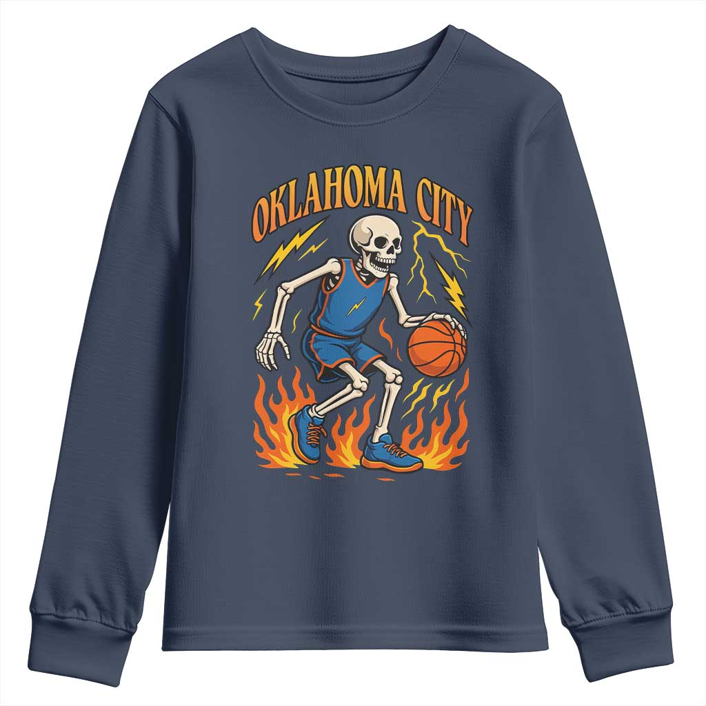 Oklahoma City Basketball Skeleton Youth Sweatshirt OKC Hoops Fan Life Sport Lover TS02 Navy Print Your Wear
