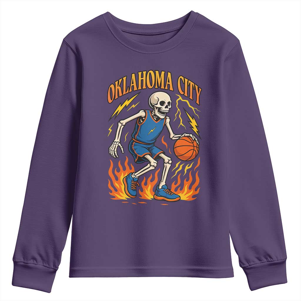 Oklahoma City Basketball Skeleton Youth Sweatshirt OKC Hoops Fan Life Sport Lover TS02 Purple Print Your Wear