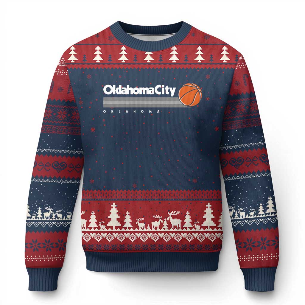 Retro Oklahoma City Basketball Ugly Christmas Sweater Vintage OKC Hoops Lover Sports Fan TS02 Navy Red Print Your Wear