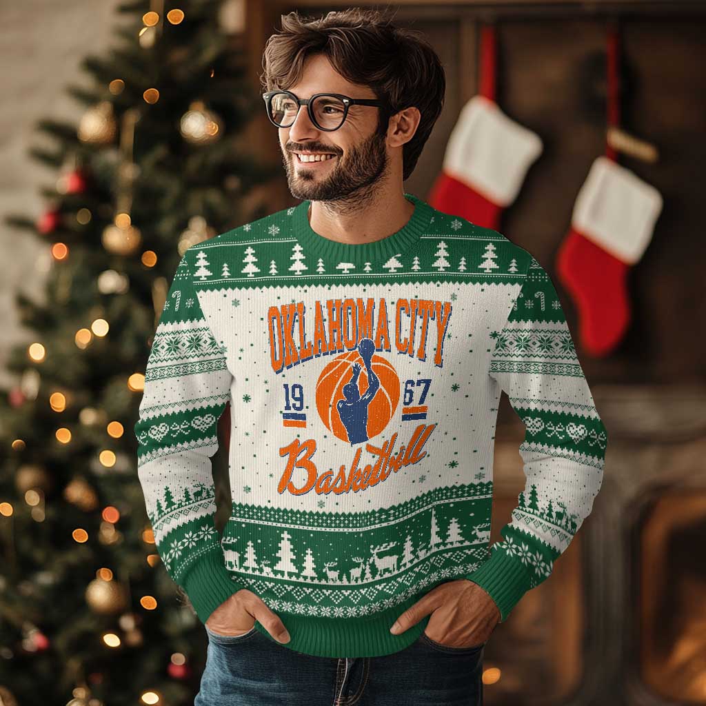 Retro Oklahoma City Basketball Ugly Christmas Sweater Vintage OKC Since 1967 Hoops Lover Sports Fan TS02 Beige Green Print Your Wear