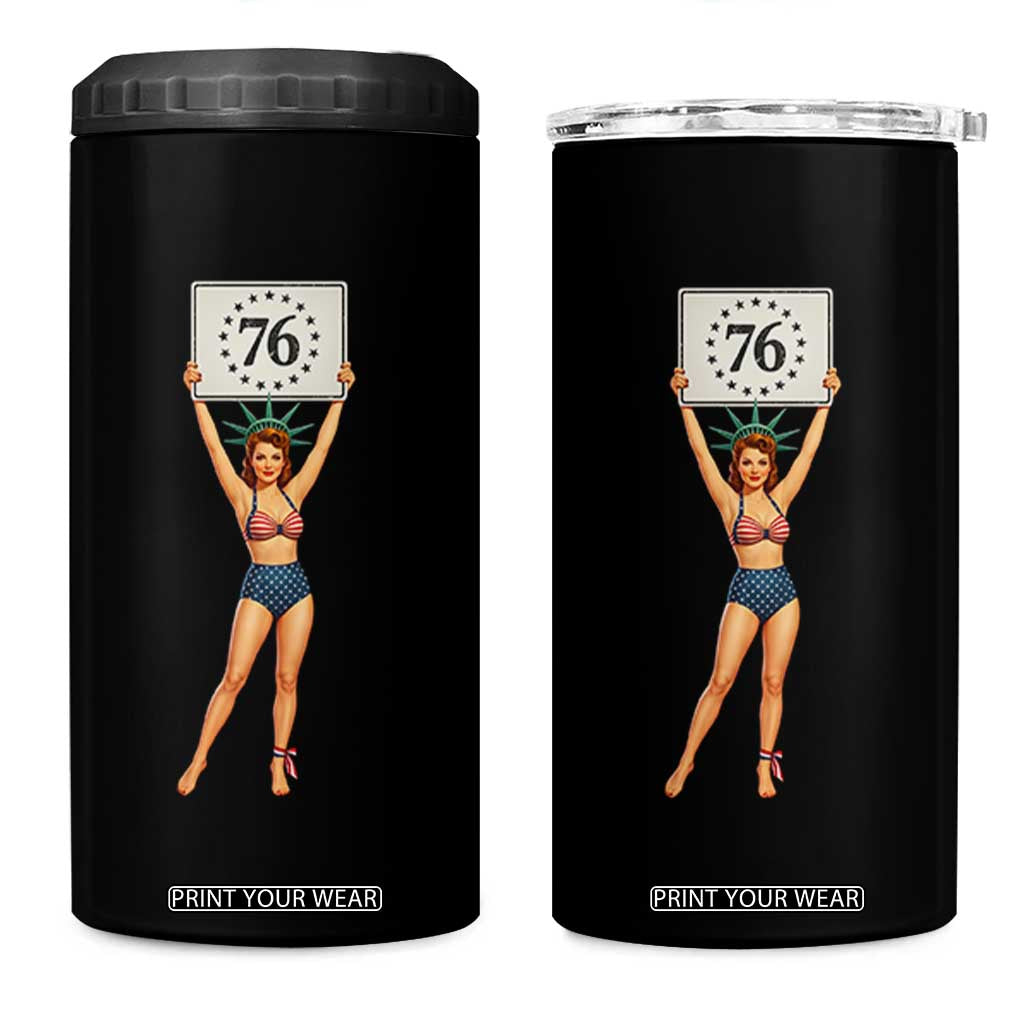 Vintage Patriotic Pin Up Girl 1776 4 in 1 Can Cooler Tumbler Statue of Liberty Retro Americana Graphic