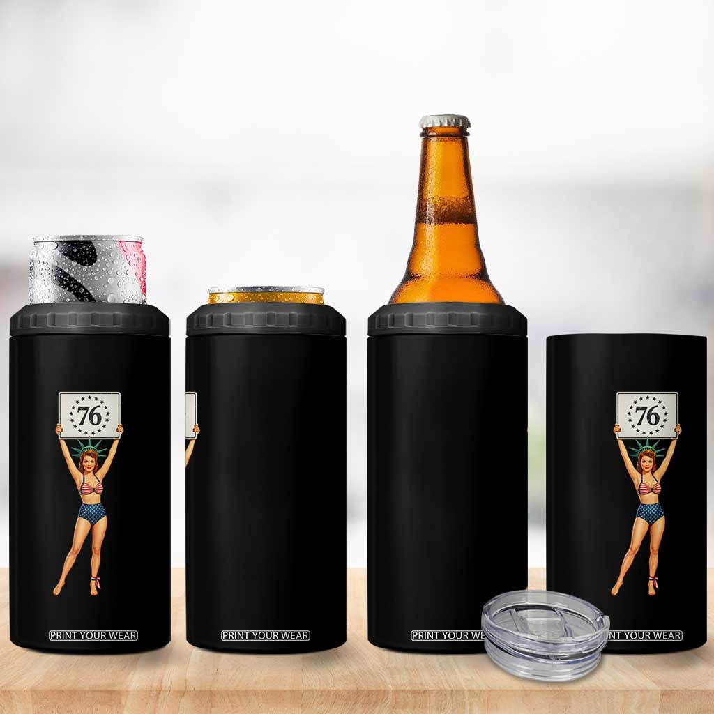 Vintage Patriotic Pin Up Girl 1776 4 in 1 Can Cooler Tumbler Statue of Liberty Retro Americana Graphic