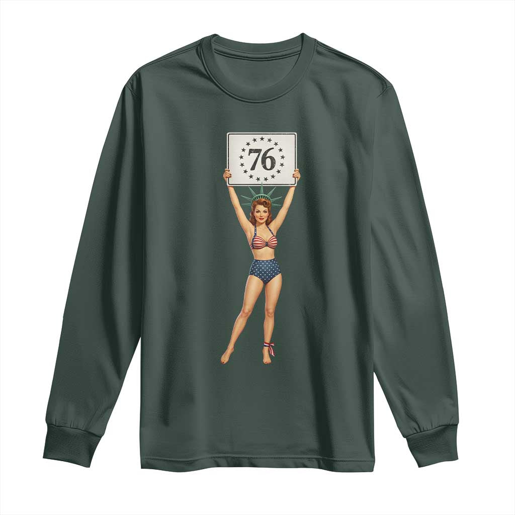 Vintage Patriotic Pin Up Girl 1776 Long Sleeve Shirt Statue of Liberty Retro Americana Graphic