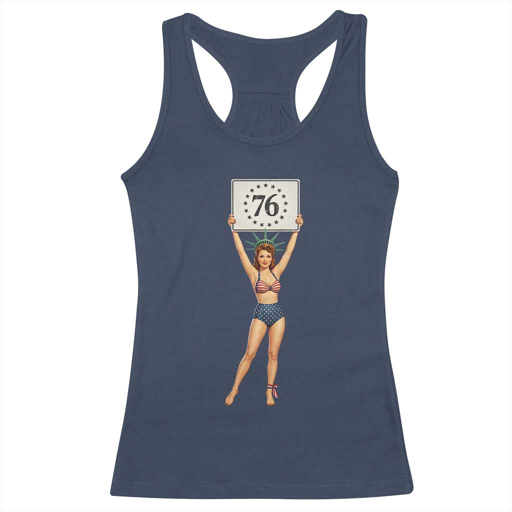 Vintage Patriotic Pin Up Girl 1776 Racerback Tank Top Statue of Liberty Retro Americana Graphic