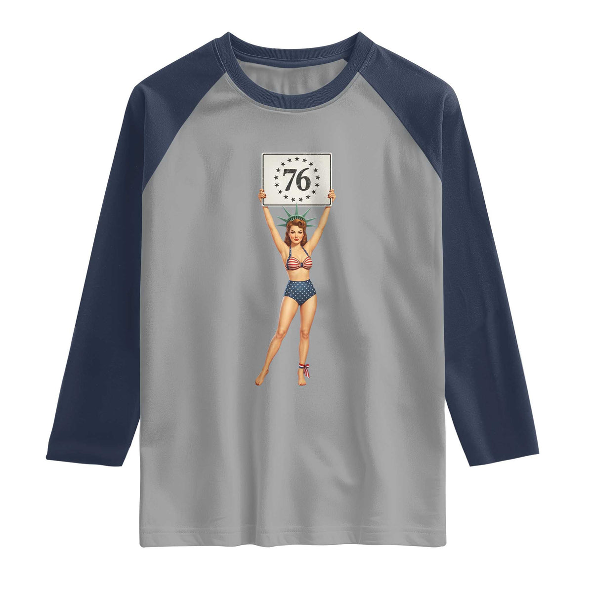 Vintage Patriotic Pin Up Girl 1776 Raglan Shirt Statue of Liberty Retro Americana Graphic