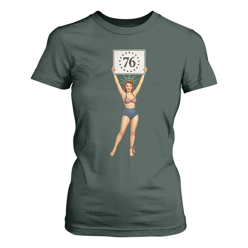 Vintage Patriotic Pin Up Girl 1776 T Shirt For Women Statue of Liberty Retro Americana Graphic
