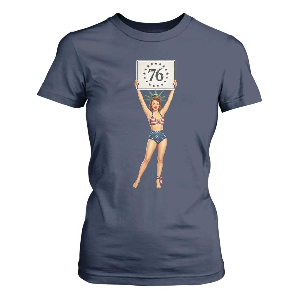 Vintage Patriotic Pin Up Girl 1776 T Shirt For Women Statue of Liberty Retro Americana Graphic