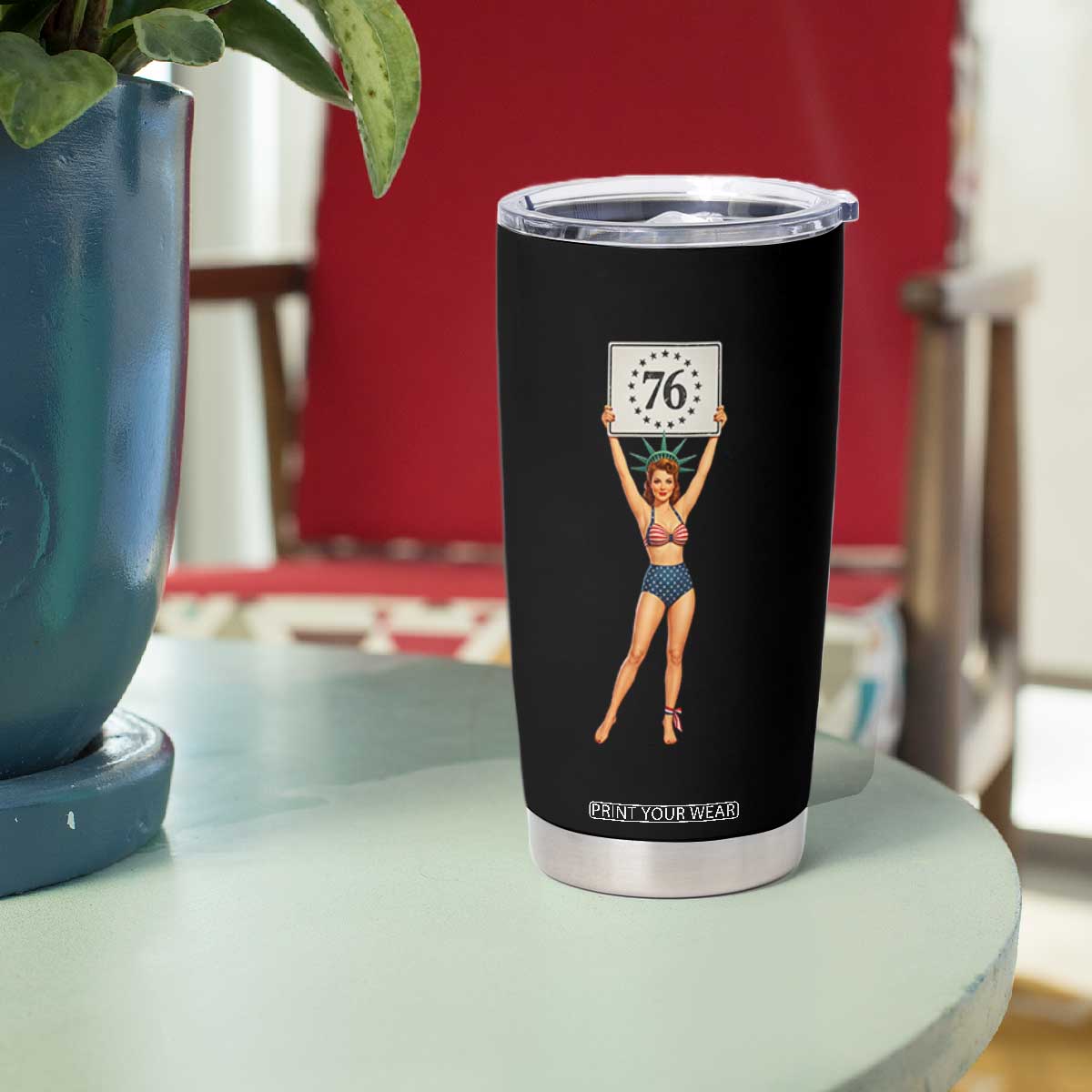 Vintage Patriotic Pin Up Girl 1776 Tumbler Cup Statue of Liberty Retro Americana Graphic