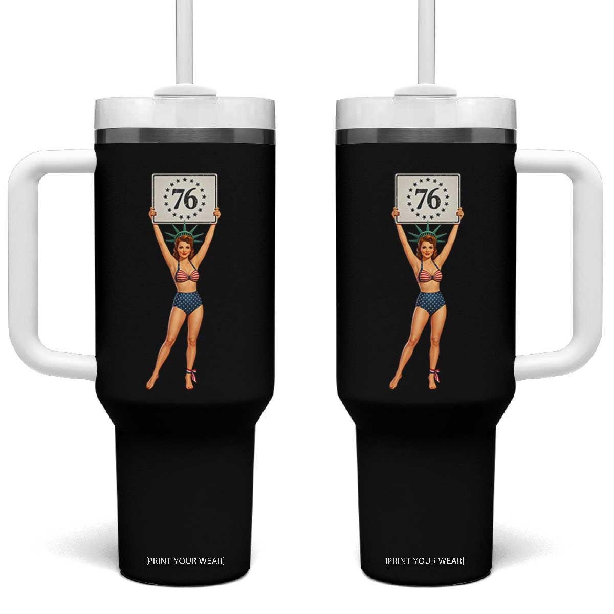 Vintage Patriotic Pin Up Girl 1776 Tumbler With Handle Statue of Liberty Retro Americana Graphic TS02 One Size: 40 oz Black Print Your Wear