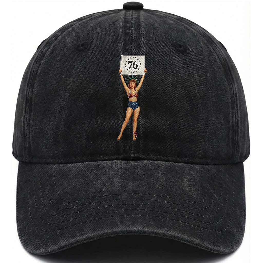 Vintage Patriotic Pin Up Girl 1776 Washed Cotton Baseball Cap Statue of Liberty Retro Americana Graphic