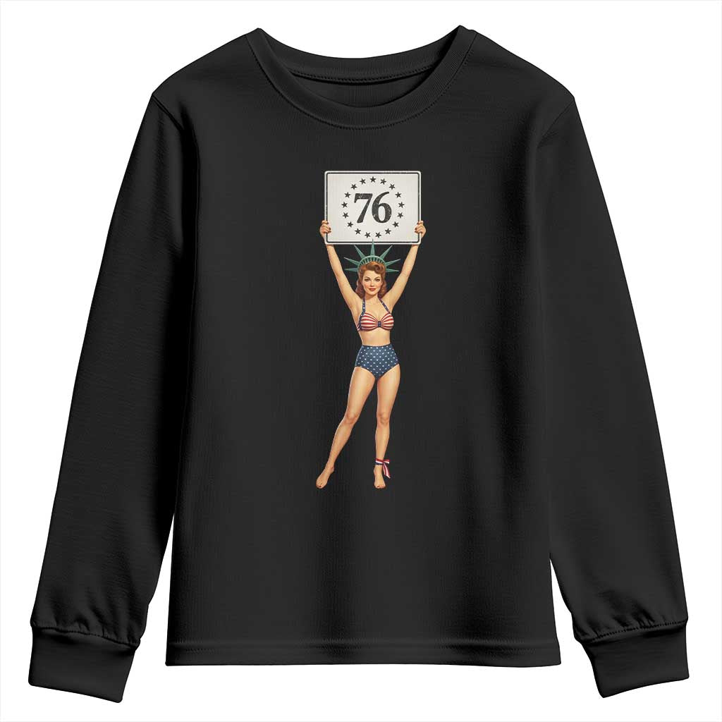 Vintage Patriotic Pin Up Girl 1776 Youth Sweatshirt Statue of Liberty Retro Americana Graphic TS02 Black Print Your Wear