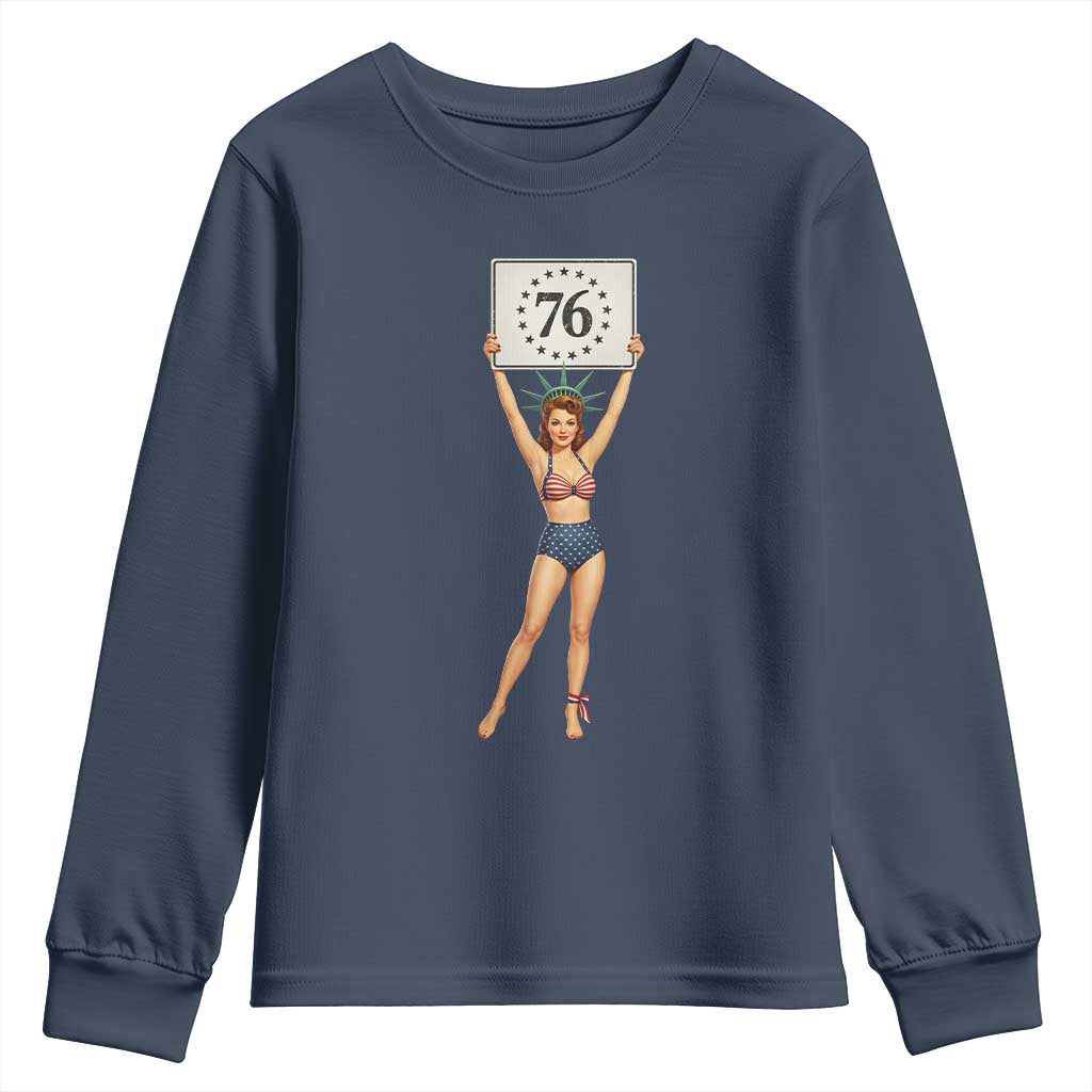 Vintage Patriotic Pin Up Girl 1776 Youth Sweatshirt Statue of Liberty Retro Americana Graphic