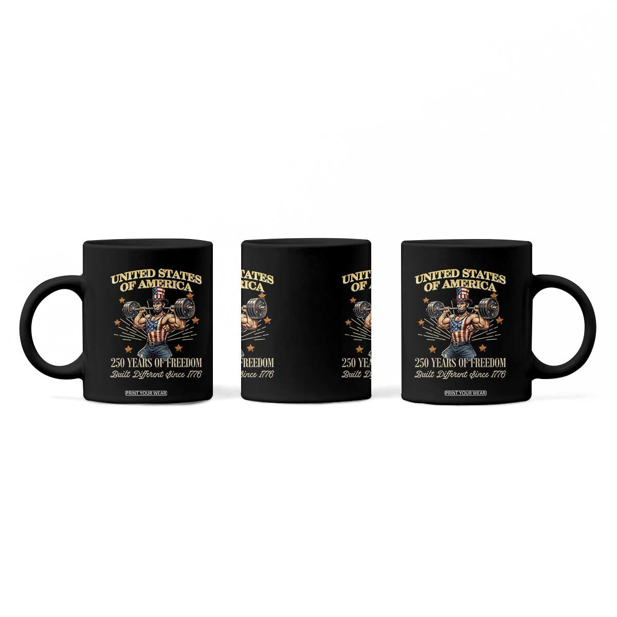 USA 250 Years of Freedom Muscular Uncle Sam Weightlifter Coffee Mug Built Different Since 1776 Funny Patriotic Buff Graphic