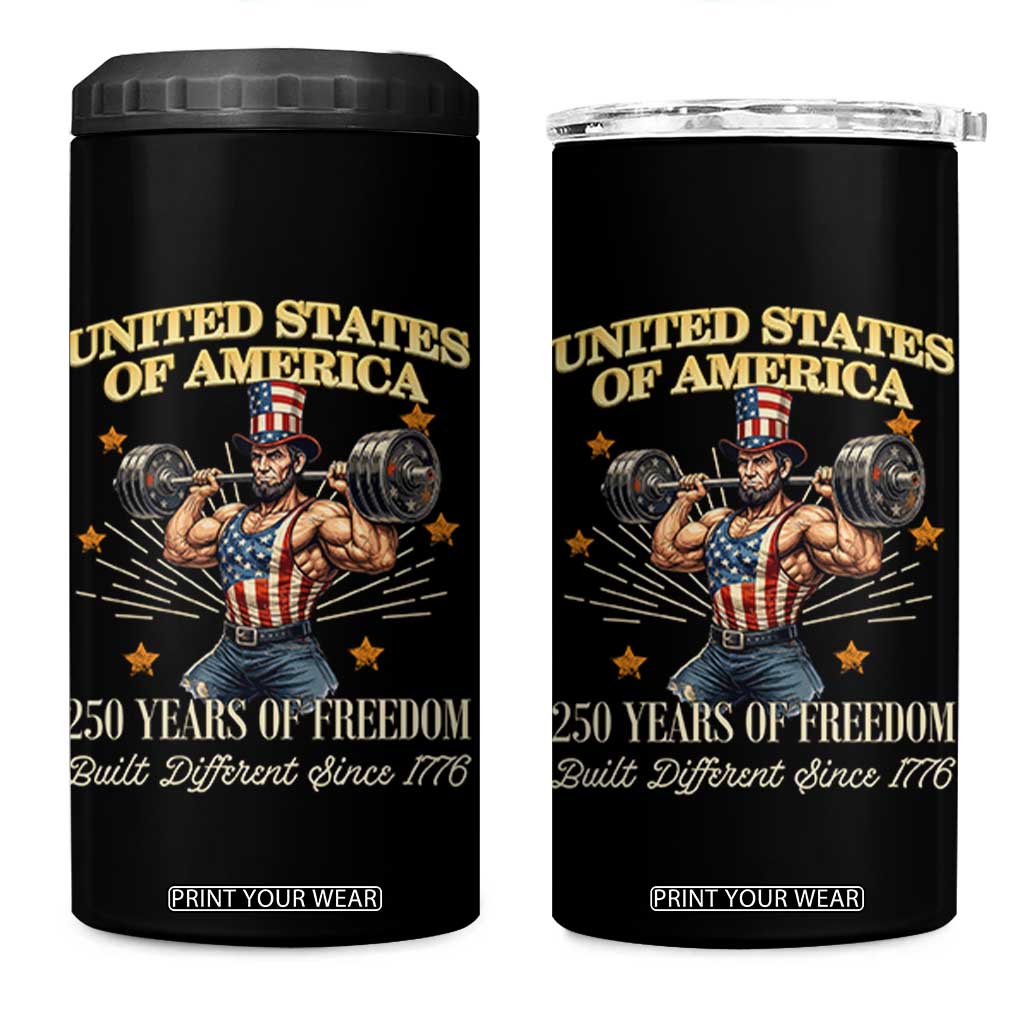 USA 250 Years of Freedom Muscular Uncle Sam Weightlifter 4 in 1 Can Cooler Tumbler Built Different Since 1776 Funny Patriotic Buff Graphic